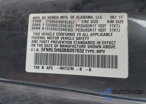2011 Honda Odyssey Exl from USA, damaged, VIN 5FNRL5H60BB097032